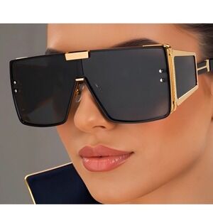 Sunglasses Gold Frame Rectangular Dark Black Lens UV400 Metal Luxury Women Gafas
